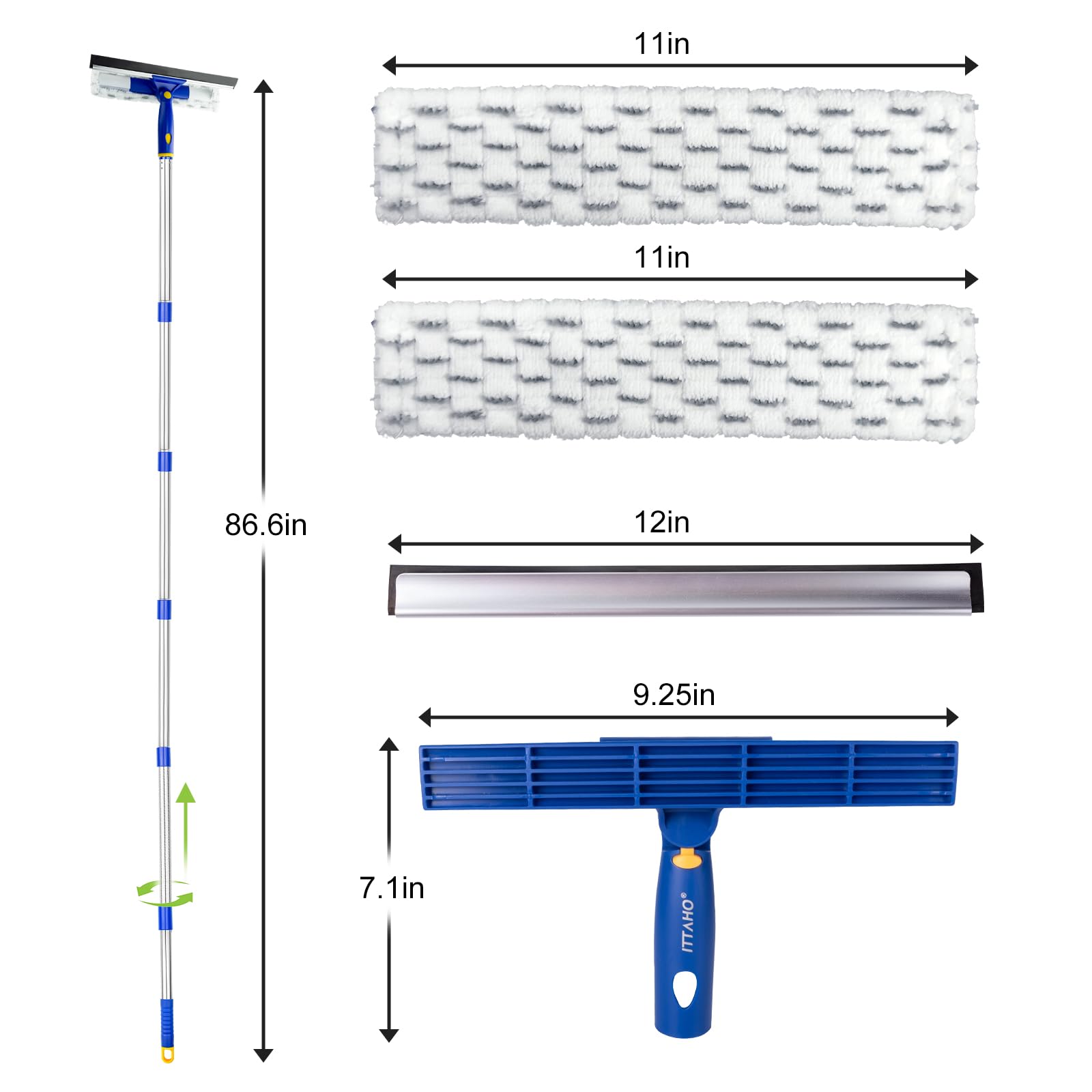 ITTAHO 81" Window Squeegee Cleaner,2 in 1 Window Cleaning Tool Kit,Shower Squeegee with Extension Pole，Glass Cleaning Tools for Shower Glass,Indoor/Outdoor High Window Cleaning-Two Pads