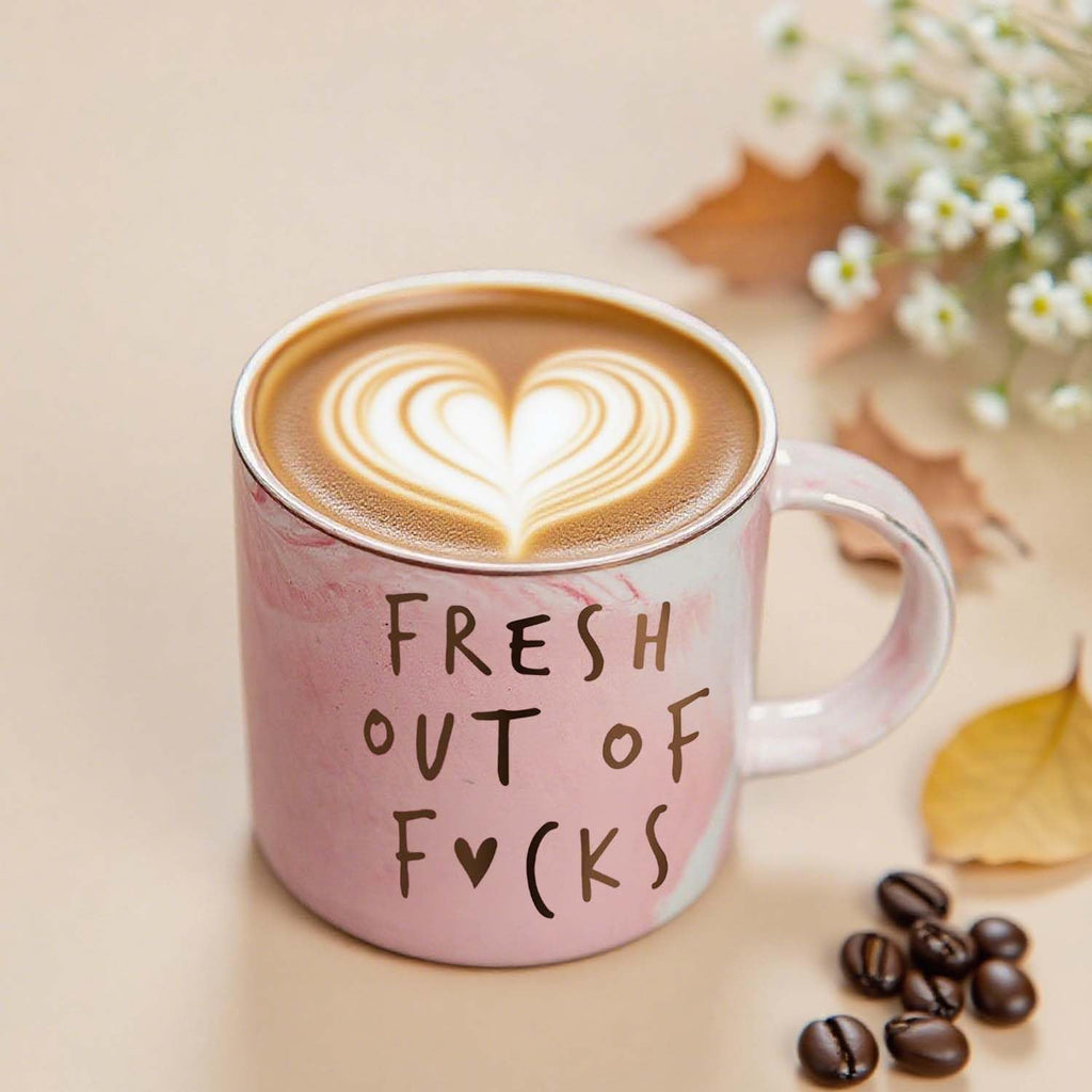 Funny Coffee Mugs Gifts for Women - Sarcastic Novelty Cups Gag Gift for Friends, Coworkers, Boss, Employee, Human Resources - Fresh Out of - Inappropriate Cute Pink Marble Mug, 12oz Coffee Cup