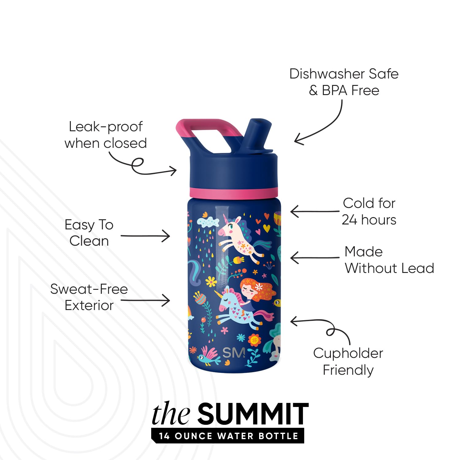 Simple Modern Kids Water Bottle with Straw | Insulated Stainless Steel Reusable Tumbler for School, Girls, Boys | Summit Collection | 14oz | Unicorn Rainbows