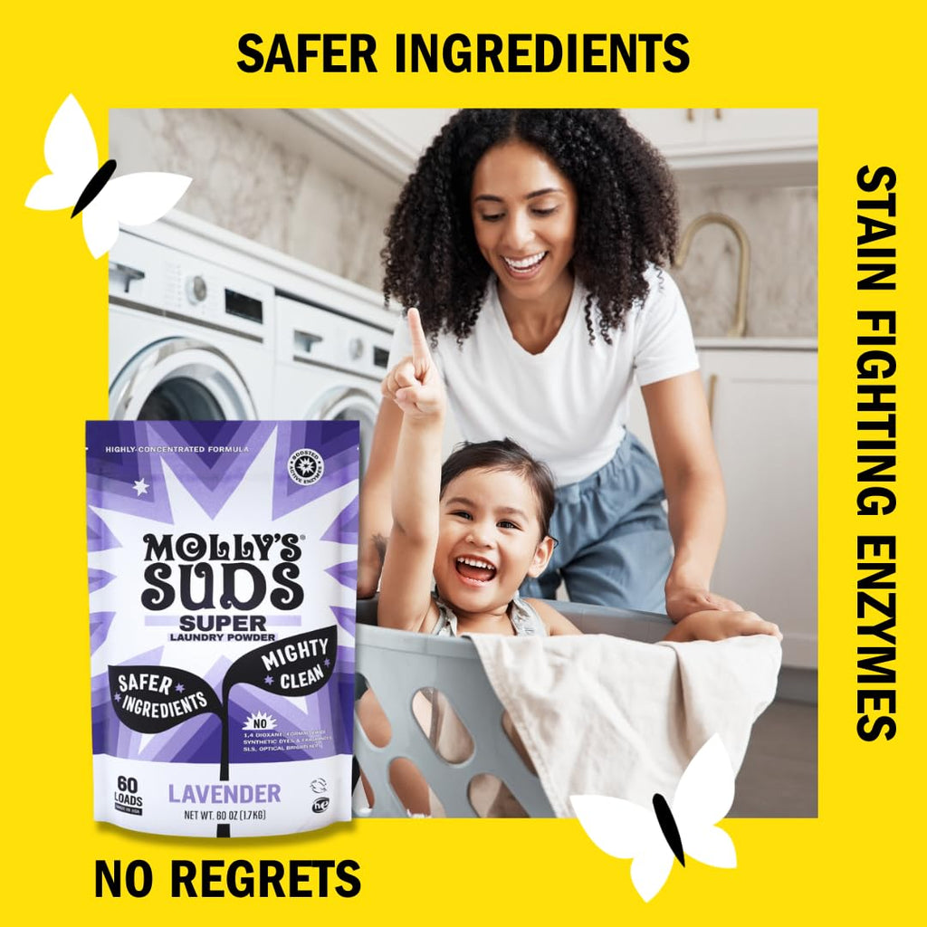 Molly's Suds Super Powder Detergent | Natural Extra Strength Laundry Soap, Stain Fighting & Safe for Sensitive Skin | Earth Derived Ingredients | Lavender Scented, 60 Loads