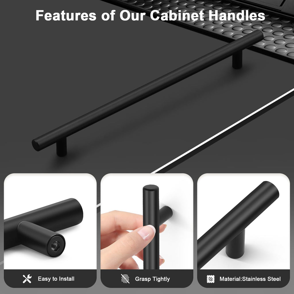 5 Pack Black Drawer Handles Kitchen Cabinet Handles Matte Black Cupboard Handles Drawer Pulls Wardrobe Door Handles 256mm Hole Centers