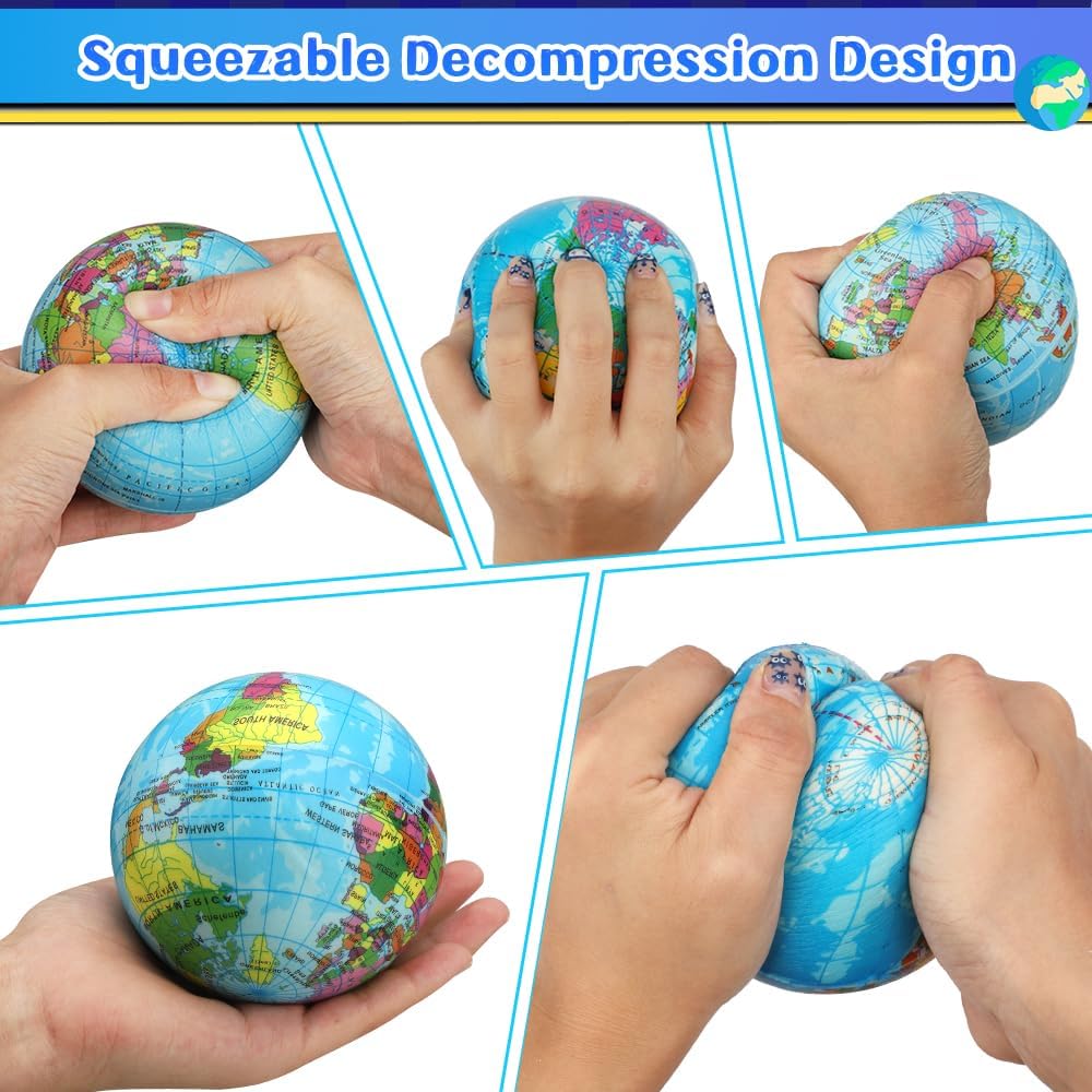 Mini Earth Soft Squishy Ball, 3PCS Foam Globe Stress Balls for Kids Toddler, Educational Geography Crafts Toys, Squeeze Sensory Learning World Map Planet Toy for Solar Systerm (3.7")