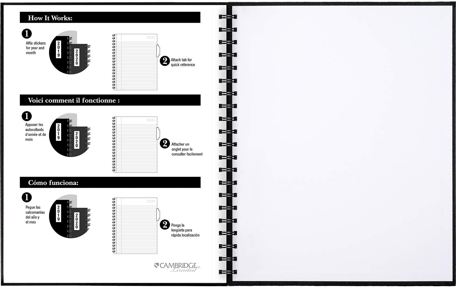 Cambridge Notebook, 8.5" x 11", Hardbound Stamped Linen Cover, Twin Wire Binding, Perforated Sheets, 192 Pages/96 Sheets, Black Cover (06100F)
