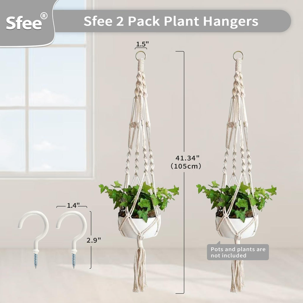 Sfee 2 Pack Macrame Plant Hangers, Hanging Planters Indoor Outdoor Handmade Cotton Rope Hanging Plant Pot Durable Flower Pots Holder for Home Garden Balcony Ceiling Decorations with 2 Hooks(White)