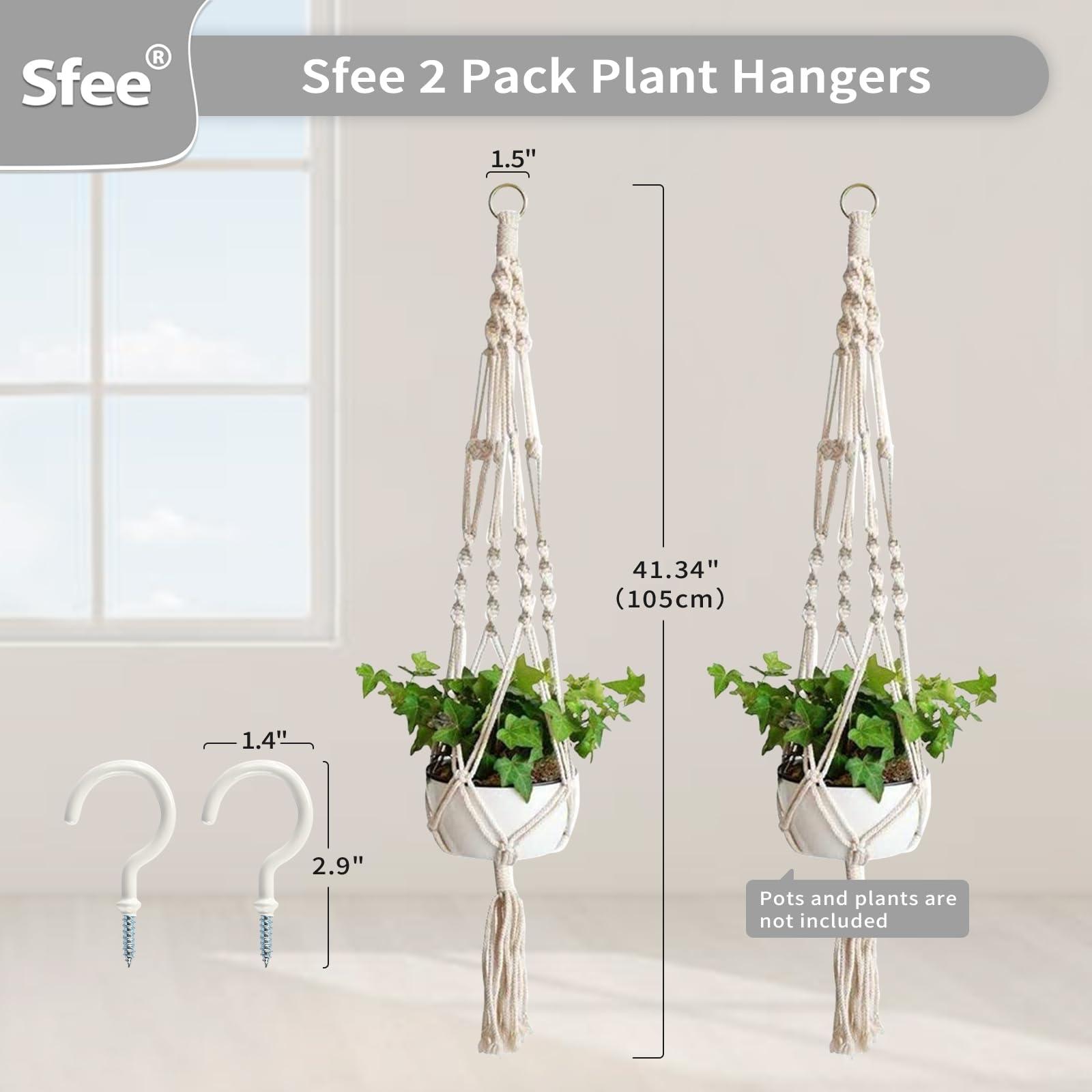 Sfee 2 Pack Macrame Plant Hangers, Hanging Planters Indoor Outdoor Handmade Cotton Rope Hanging Plant Pot Durable Flower Pots Holder for Home Garden Balcony Ceiling Decorations with 2 Hooks(White)