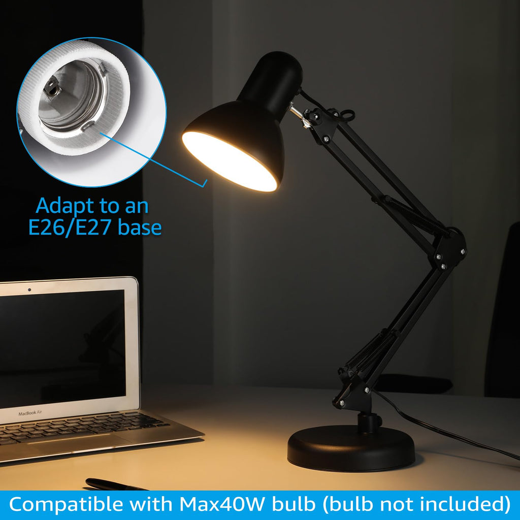 TORCHSTAR Metal Swing Arm Desk Lamp, Interchangeable Base Or Clamp, Classic Architect Clip On Table Lamp, Multi-Joint, Adjustable Arm, Black Finish (UL Plug)