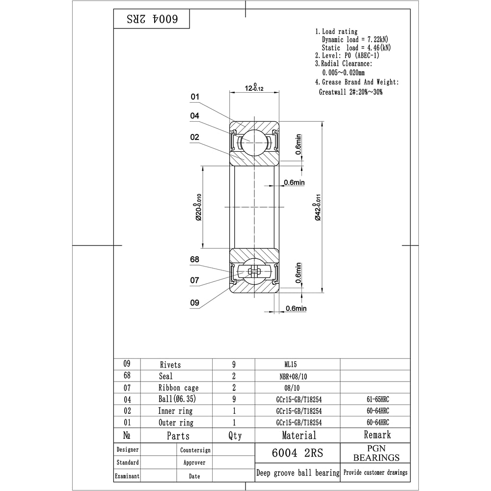 PGN 6004-2RS Sealed Ball Bearing - 20x42x12 - Lubricated - Chrome Steel (10 PCS)