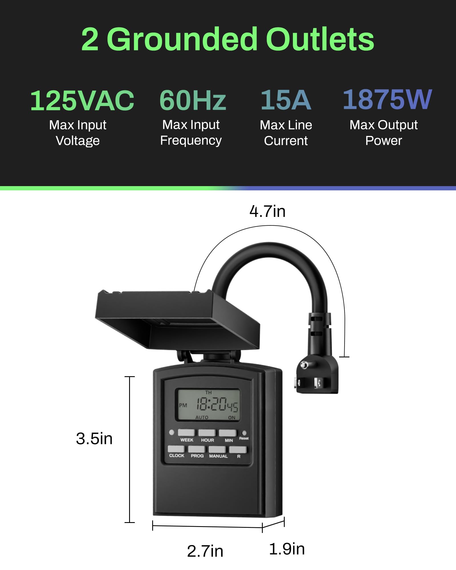 BN-LINK Outdoor Heavy Duty Timer Outlet, 2 Grounded Outlets for Christmas Lights, 15A 1/2HP, ETL Listed，Digital Timer 1 Pack