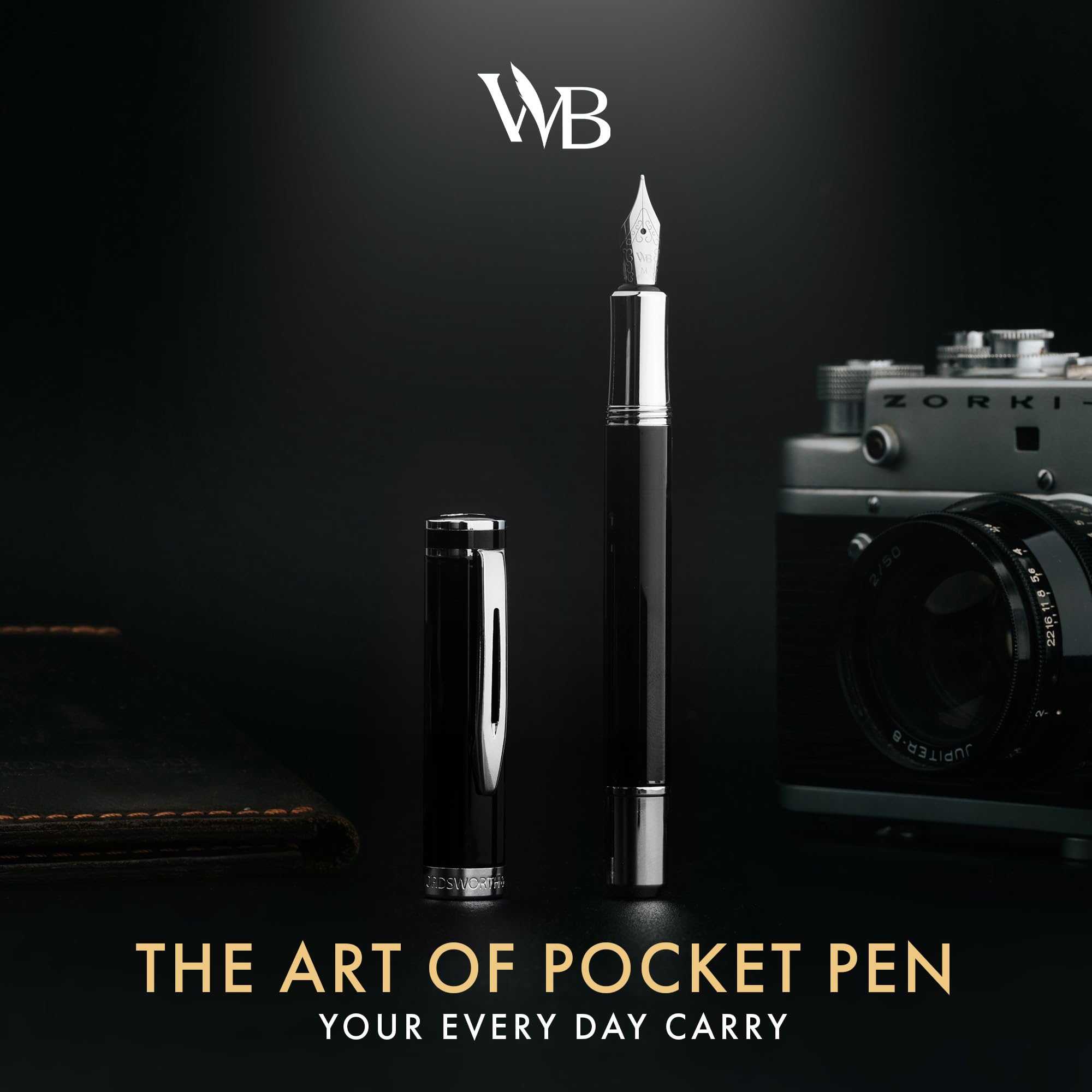 Wordsworth and Black Fountain Pen Mini EDC: Luxury Black Heavy Pocket Pen, Chrome Finish, Medium Nib, 6 Ink Cartridges, Ink Converter, Travel Refillable Writing Pen Gift Set, Men & Women