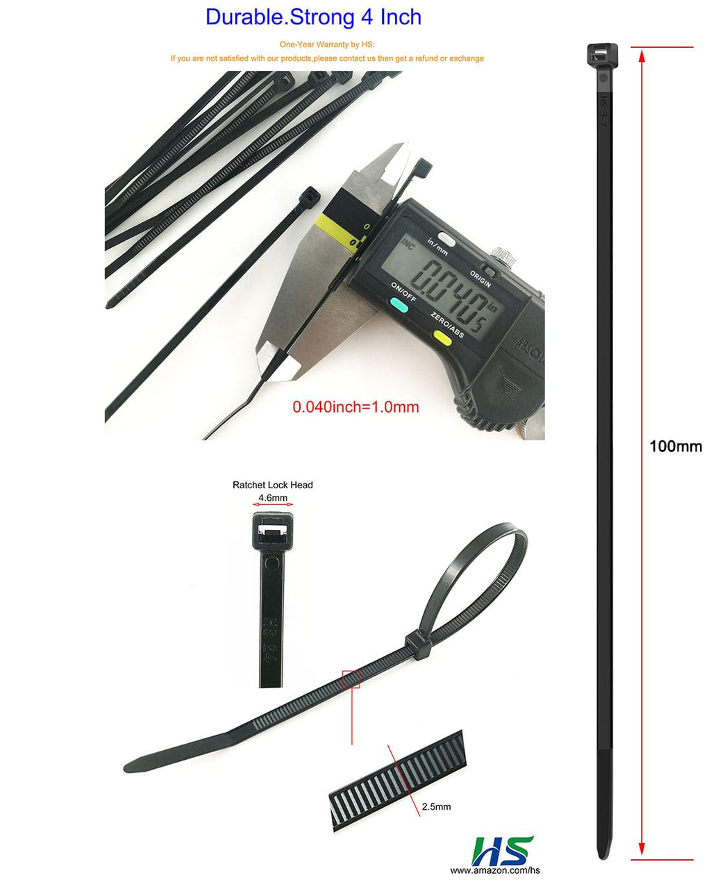 HS Durable Small Plastic Zip Ties 4 Inch (Bulk-1000 Pack) Black Nylon Ties Zap Straps 18 Lbs for PC,Electronic,Wire Cable Ties