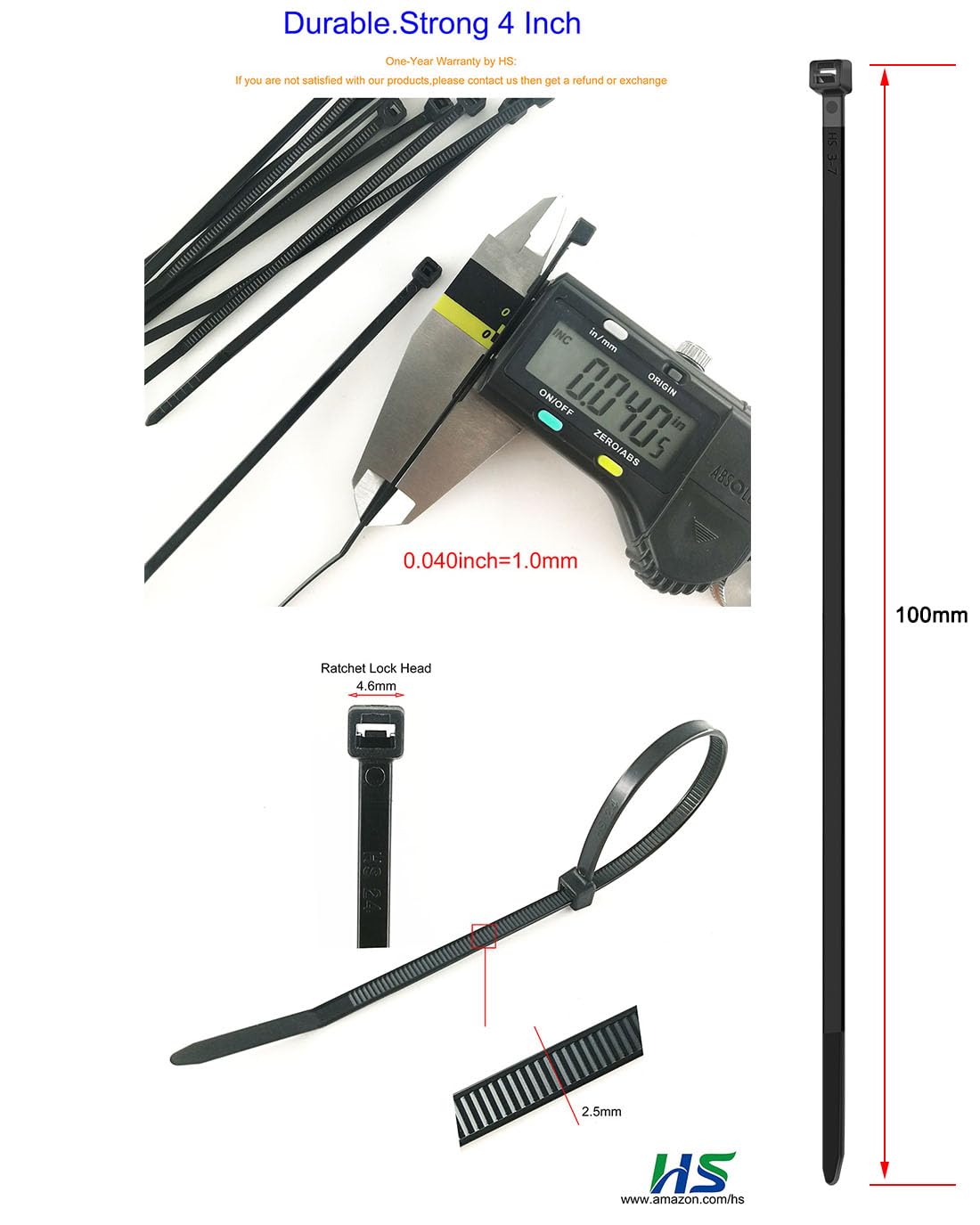 HS Durable Small Plastic Zip Ties 4 Inch (Bulk-1000 Pack) Black Nylon Ties Zap Straps 18 Lbs for PC,Electronic,Wire Cable Ties
