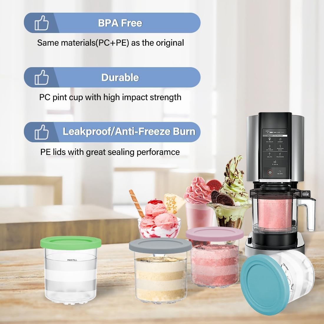 4 Pack Ice Cream Pints and Lids Compatible with Ninja NC300 NC301 NC299AMZ Series Creami Ice Cream Makers,BPA-Free,Dishwasher Safe,Color Lids,(16oz Cups) (NC301 Series 4)