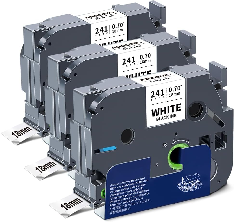 Absonic 3-Pack 18mm 0.7" Black on White Label Tape Compatible for Brother Tze-241 Tze241 Tz241 Tz-241 P Touch Label Tape 18mm 0.7 Laminated White Tze Tz Tape 3/4" for PT-D400 PTD410 PT-D610BT PTP700