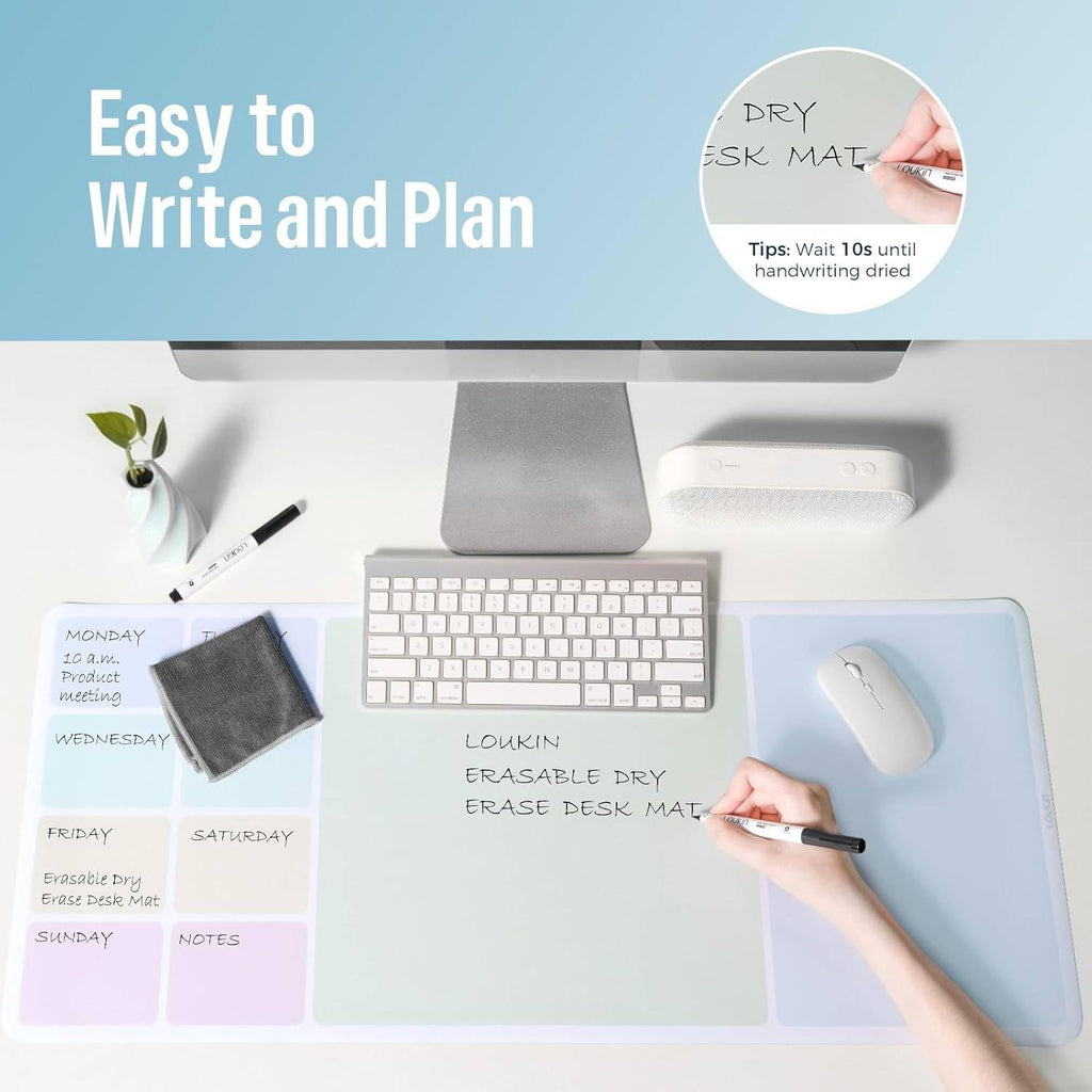 LOUKIN Erasable Dry Erase Desk Mat, Mouse Pad, Writing White Board, Non-Slip Desktop Protector for Office, Home, School (Includes 2 Wet Erase Markers & Cleaning Cloth) 32"x14"