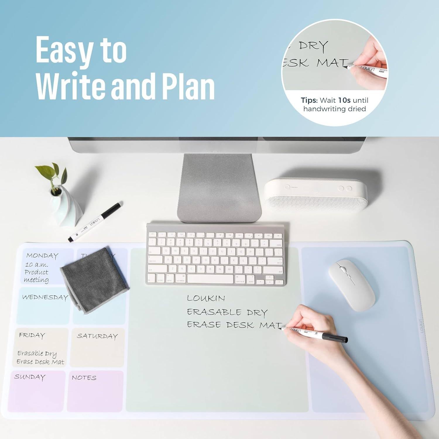 LOUKIN Erasable Dry Erase Desk Mat, Mouse Pad, Writing White Board, Non-Slip Desktop Protector for Office, Home, School (Includes 2 Wet Erase Markers & Cleaning Cloth) 32"x14"