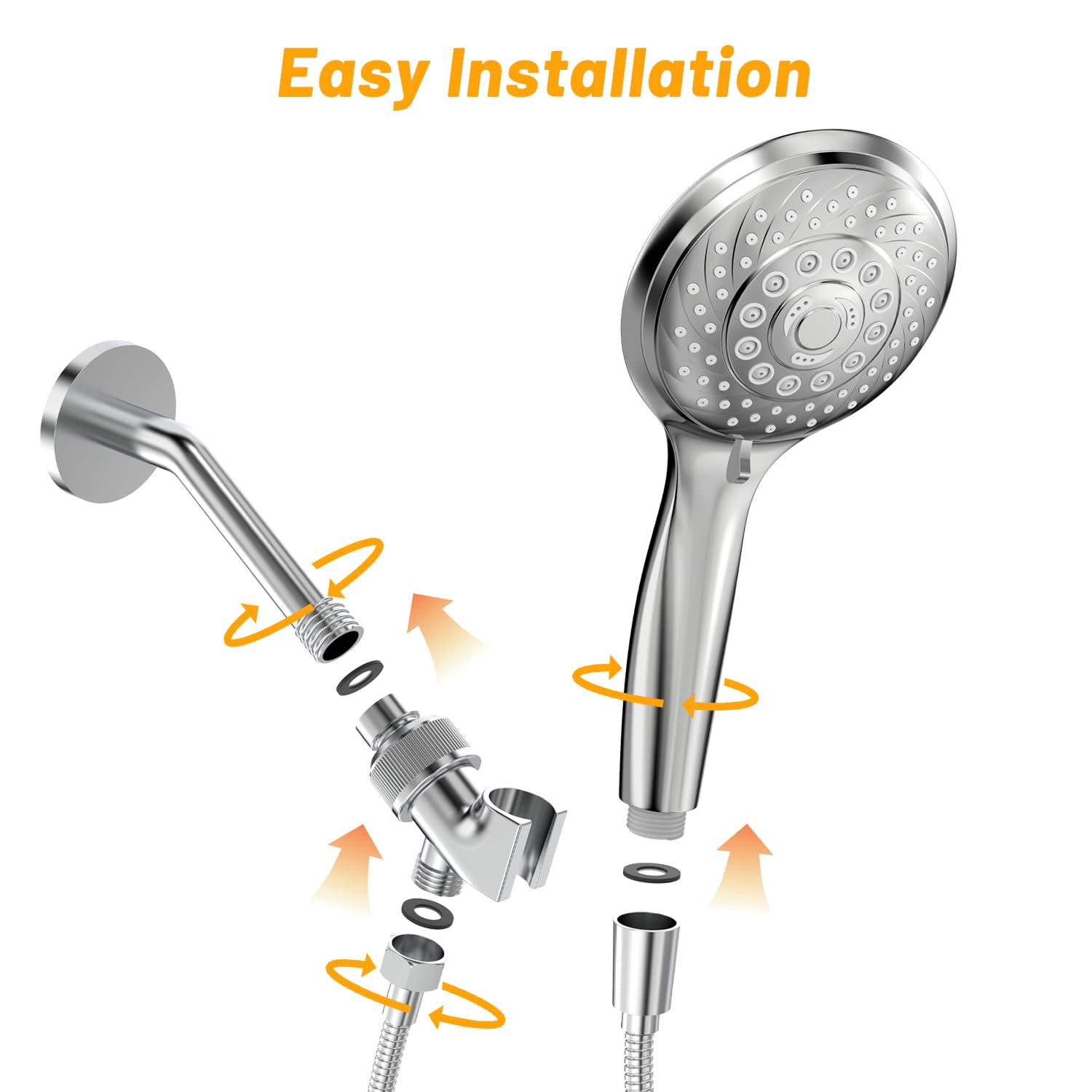 VEHHE 6 Spray Modes Handheld Shower Head Saving Water, Bright Shower Head with Anti-Clog Nozzles and Anti-Leak, Shower Head with Hose 1.5M and Adjustable Universal Bracket∣Silver