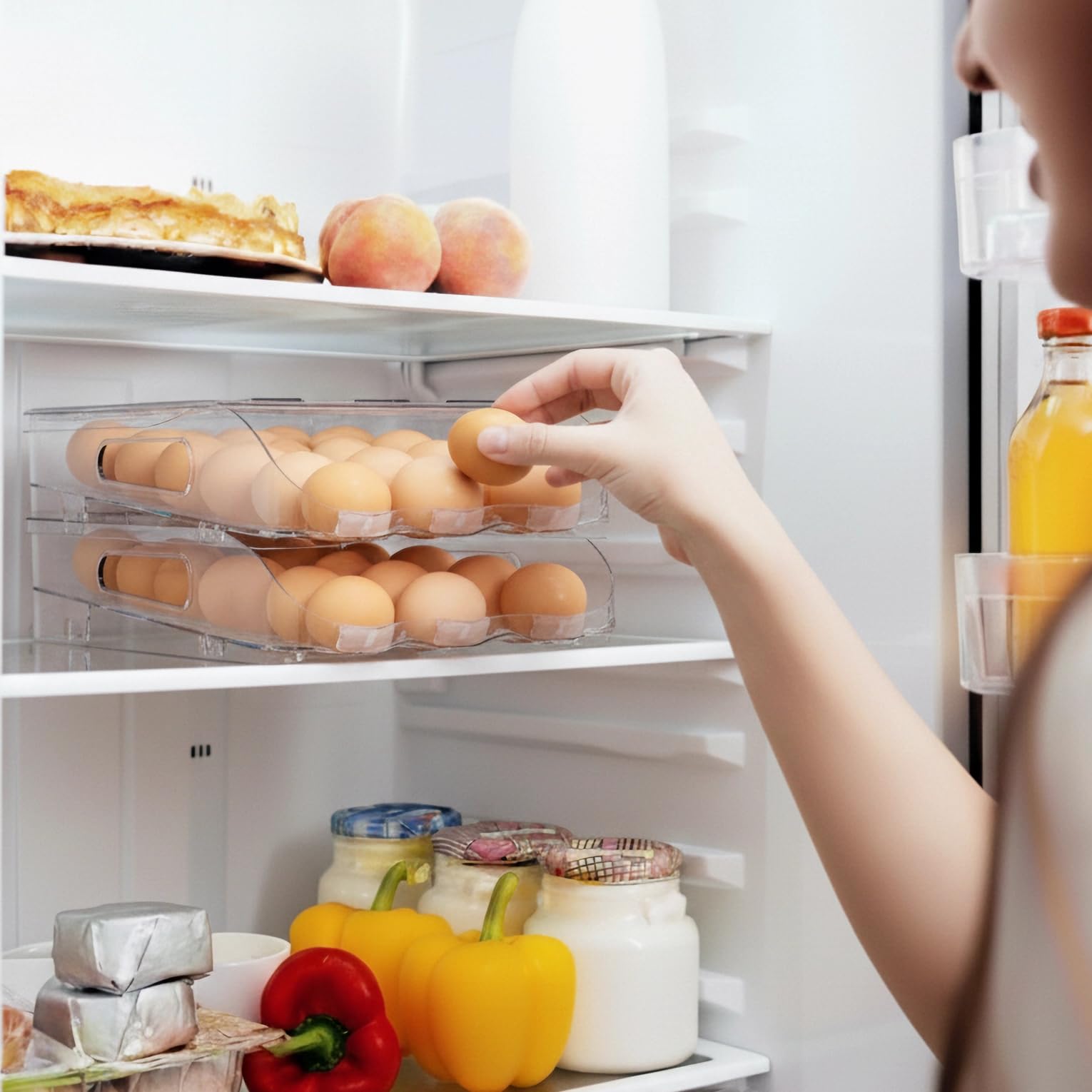 SMRCAD Egg Holder for Fridge, Automatic Stable Rolling Egg Dispenser with Handle & Silicone Pad for Refrigerator, Large Capacity Egg Organizer with Lid