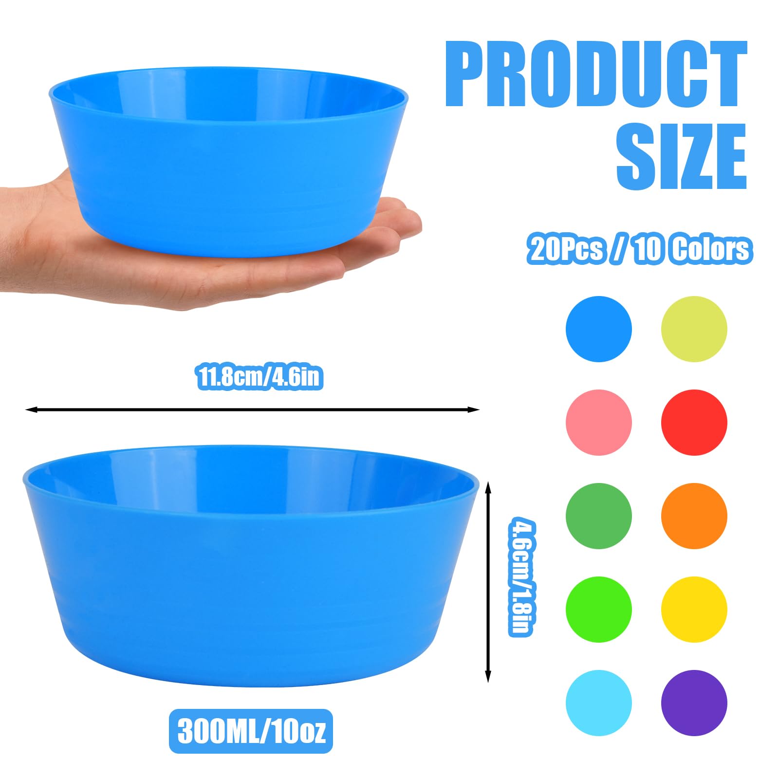 RUITENG 20Pcs Reusable Plastic Bowls, 300ML/10oz Multi Coloured Plastic Serving Bowls, Unbreakable Plastic Bowls, Small Bowls for Snack Salad Fruit Breakfast Cereal Soup(10 Colors)