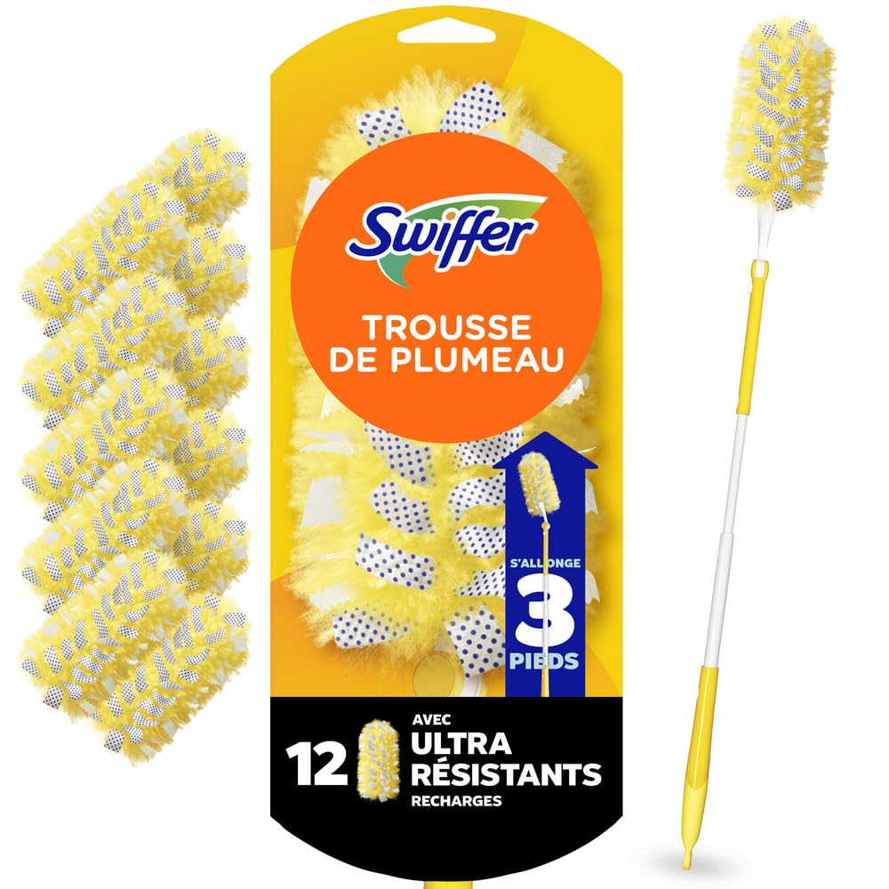 Swiffer Duster Kit with 3 ft Extendable Handle, Heavy Duty Dusting Starter Kit with 12 Refills, for Ceiling Fans, Vents and Hard to Reach Places