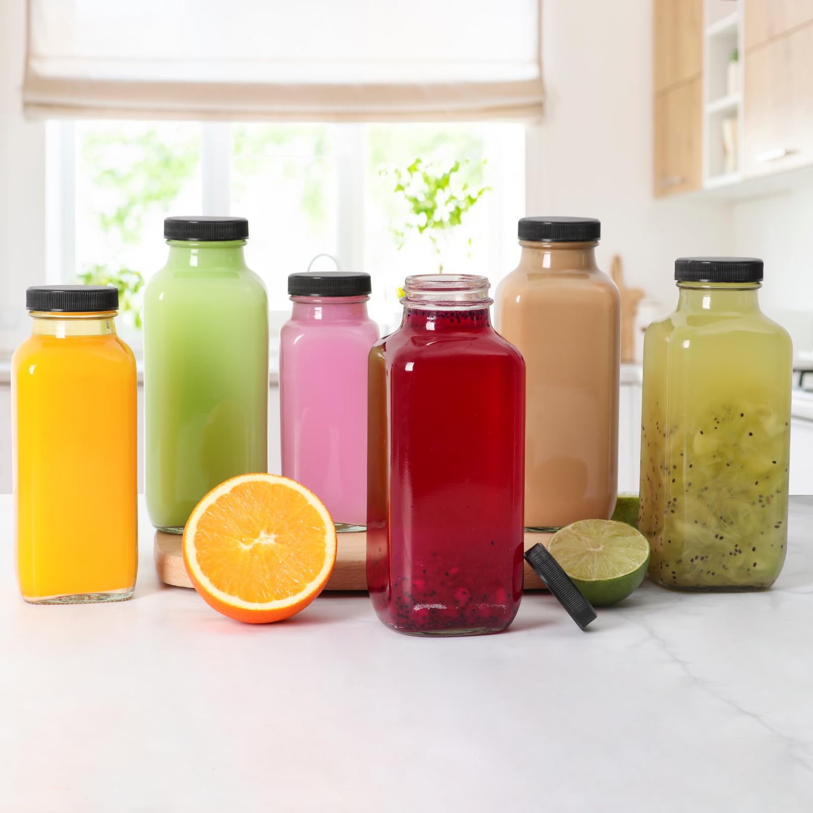 8 oz Glass Juice Bottles with Lids 6 Pack,Reusable Water Bottle,Juicing Bottles for Smoothies, Milk, Storage, Small and portable