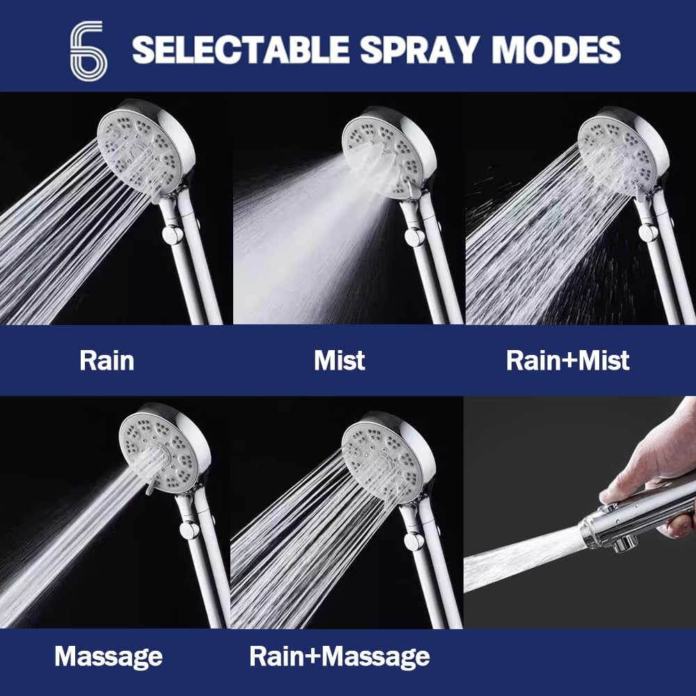 High Pressure Shower Head with ON/Off Pause Switch Button, 5 Spray Handheld Showerhead with Hose and Adjustable Bracket, Chrome, Easy to Wash Hair, Kid Bath, Pet Bath