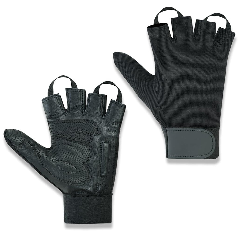 Leather Palm Wheelchair Gloves, Half Fingers with Full Thumb Disability, Mobility Gloves for Men and Women (Large, Black)