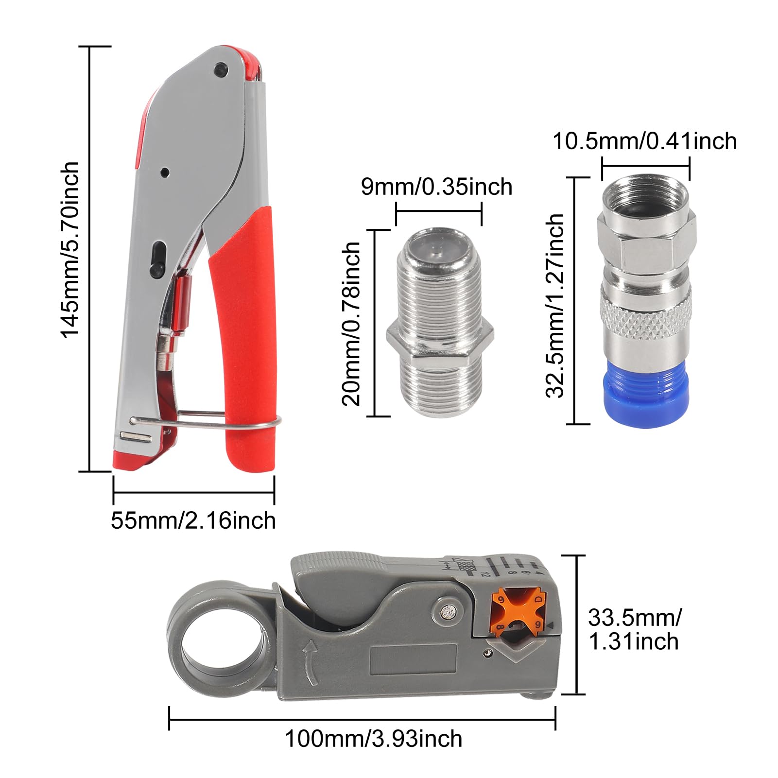 Coax Cable Crimper Tool Kit Coaxial Compression Tool Fitting Wire Stripper with 5PCS RG6 F Type Connector + 5PCS RG6 Coax Cable Extender