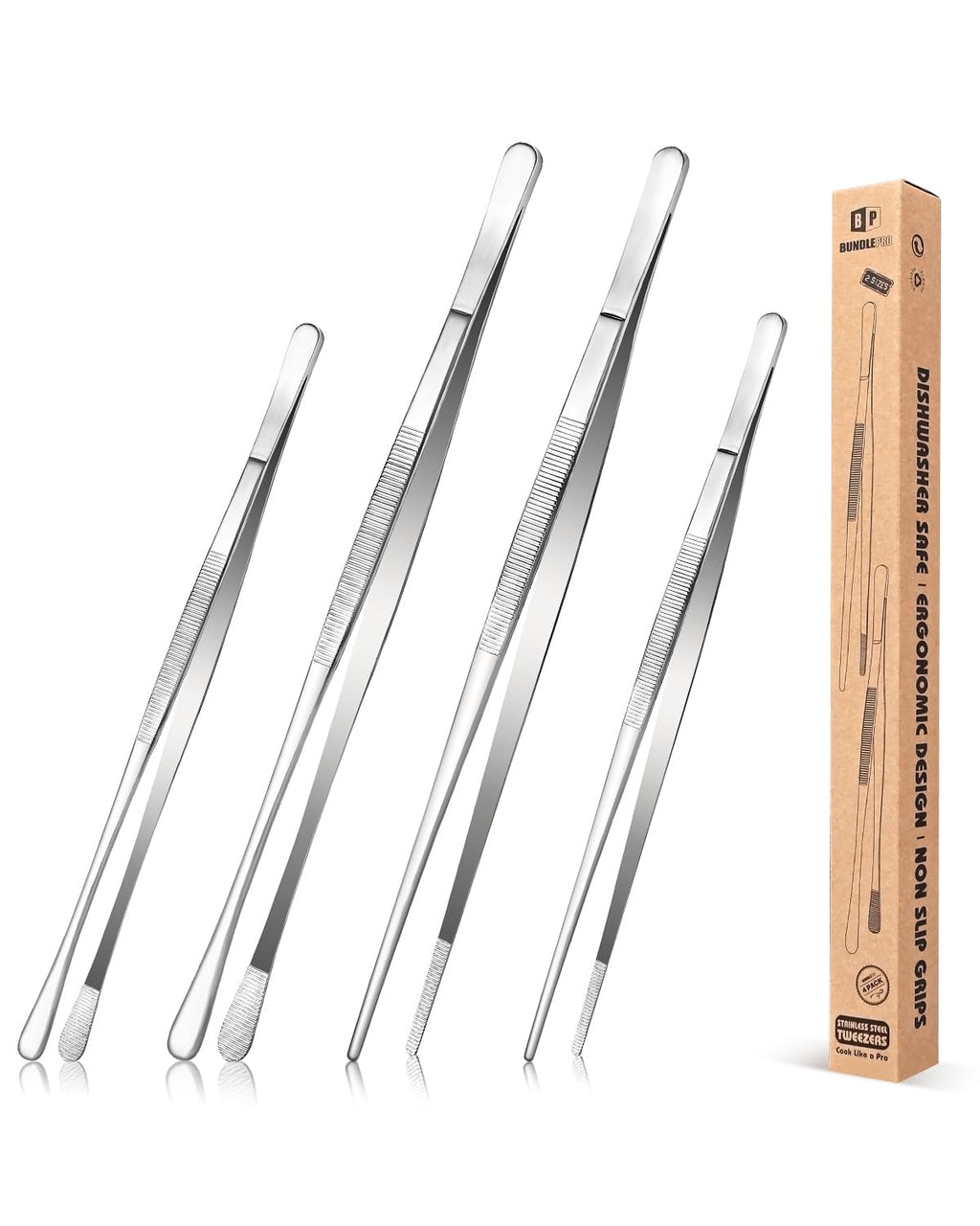 4 Pcs Kitchen Fine Tweezer Tongs, 12'' and 10'' Stainless Steel Food Tweezers Set, Professional Kitchen Long Tweezer for Cooking, Repairing, Sea Food and BBQ(Silver)