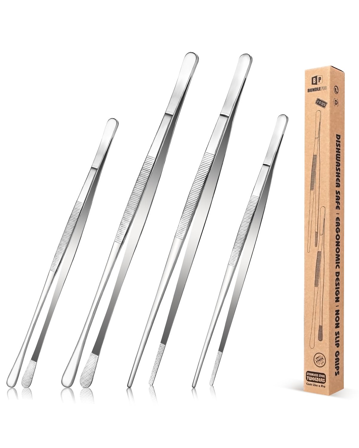 4 Pcs Kitchen Fine Tweezer Tongs, 12'' and 10'' Stainless Steel Food Tweezers Set, Professional Kitchen Long Tweezer for Cooking, Repairing, Sea Food and BBQ(Silver)