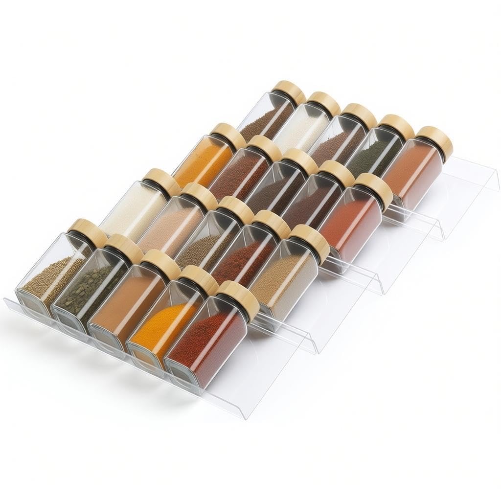 4 Tier Spice Drawer Organizer, Clear Acrylic Seasoning Organizer Rack, Spice Rack Tray for Cabinet/Countertop, Kitchen Seasoning Jars Drawers Insert (Jars Not Included/Expandable From 9" to 18")