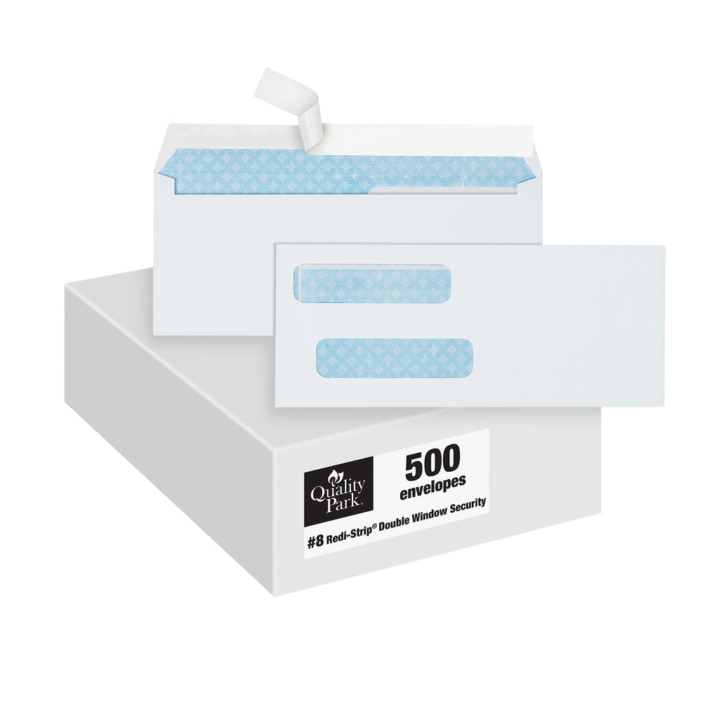 Quality Park Envelopes, #8 Double Window Security, Redi-Strip Self-Seal, White, 3-5/8" x 8-11/16", Fits QuickBooks Checks, Security-Tinted Interior, 500 Per Box