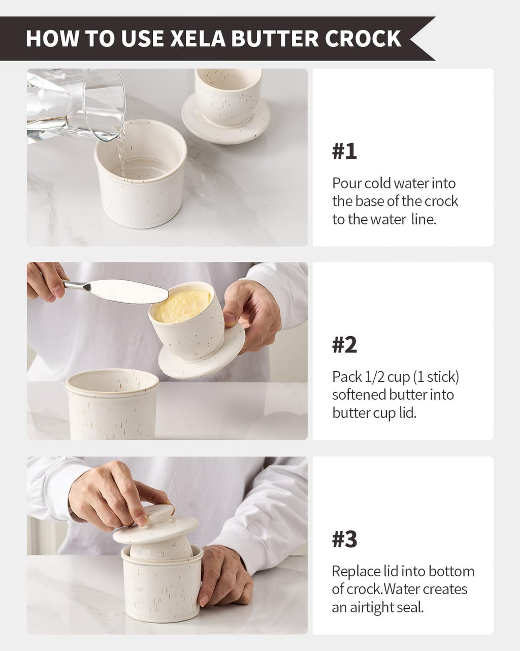 XELA Ceramic Butter Crock, The Original Reactive Glaze Speckled White, Butter Dish with Water Line for Spreadable Fresh Butter & Gift for Women - Speckled White