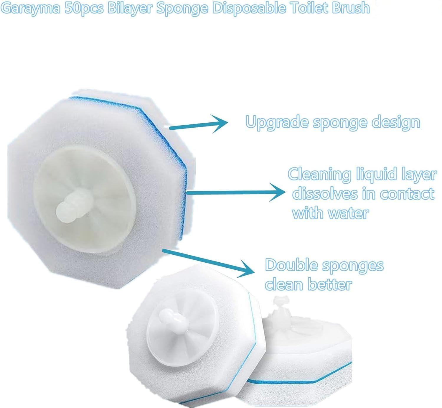 Garayma 50pcs DisposableToilet Bowl Cleaner Brush Double Layer Fibre and Sponge Toilet Brush Refills Cleaning Wand Refills
