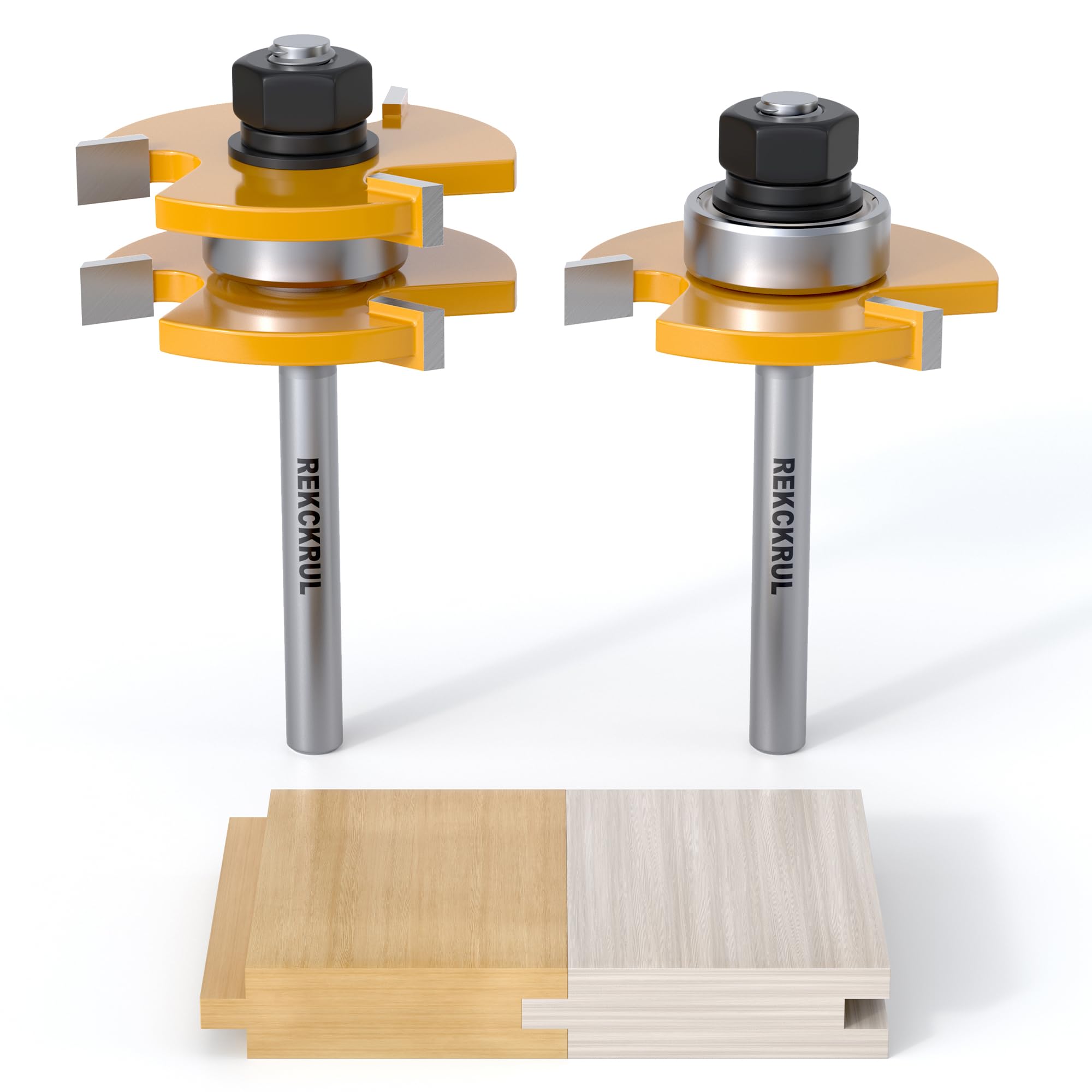 REKCKRUL 2 PCS Tongue and Groove Router Bit Set, 1/4 Inch Shank, 3 Teeth Adjustable T-Shape Wood Milling Cutter for Cabinets, Flooring, and Woodworking