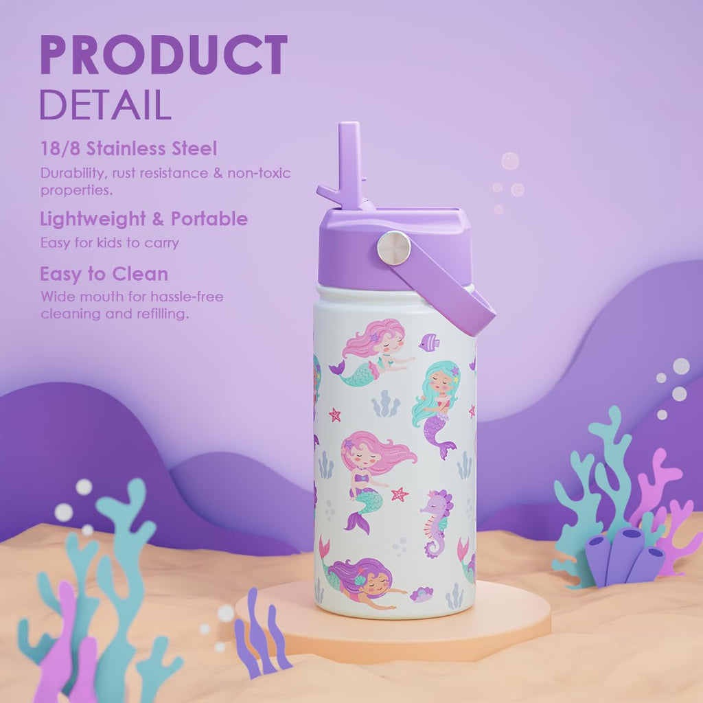 Mermaid Kids Water Bottle With Straw Lid 12oz Insulated Stainless Steel, Travel Tumbler, Gifts For Girls, Birthday, Christmas, Back To School