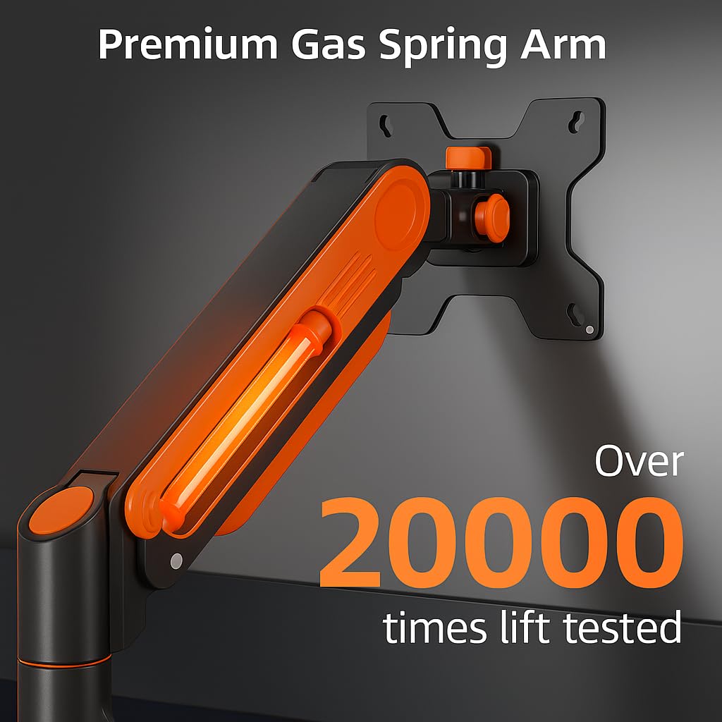 ArcadeX Single Monitor Mount, 13 to 32 Inch Gas Monitor Arm, Adjustable Stand, Vesa Mount with Clamp and Grommet Base - Fits 4.4 to 22lbs LED Computer Monitors (Black with Orange)