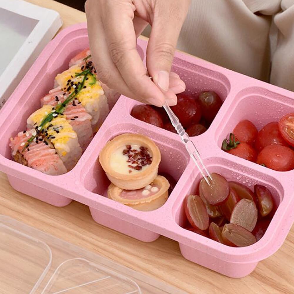 4 Pack Reusable Bento Box Meal Prep Container with Lids 10 forks Lunch Box for Kids Toddler Adults Suitable School Company and Travel