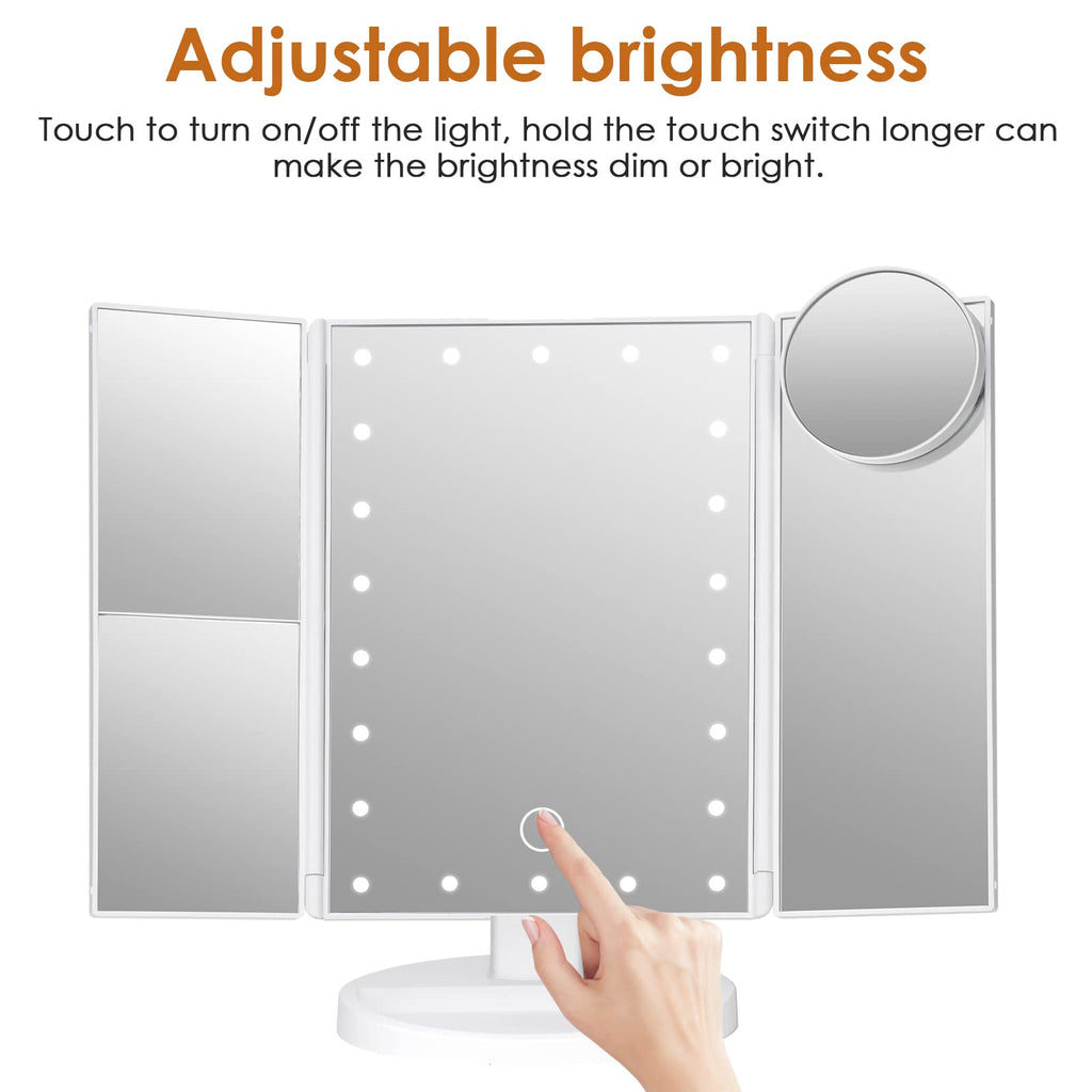 Makeup Mirror Vanity Mirror with Lights, Bathroom Adjustable Brightness Mirrors 1X/2X/3X/10X Magnification and Touch Screen Trifold Makeup Mirror Two Power Supply Modes Women Gift White