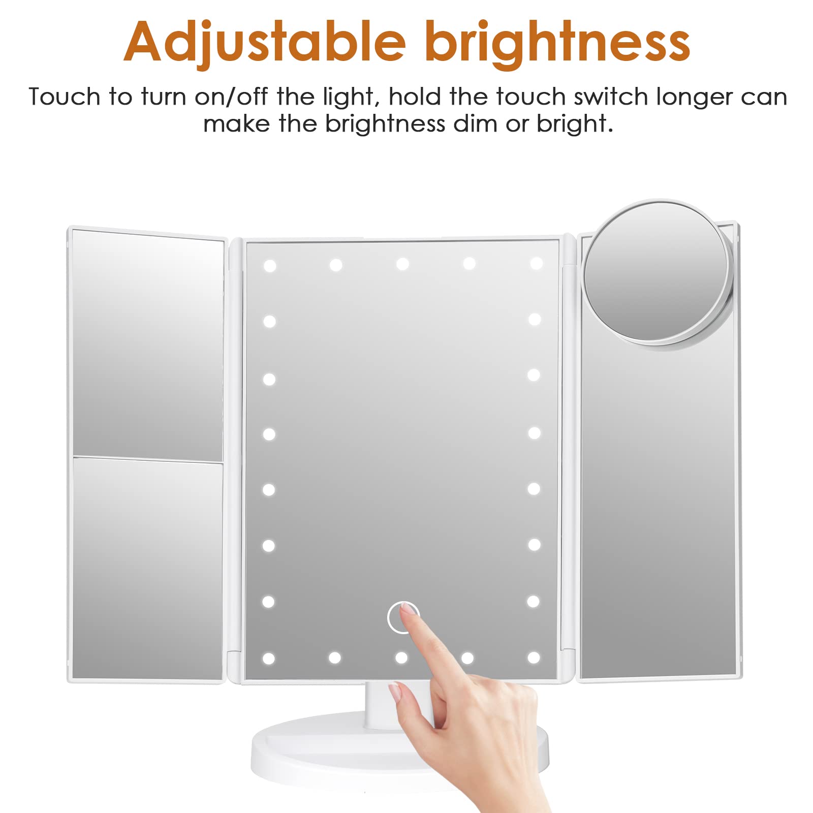 Makeup Mirror Vanity Mirror with Lights, Bathroom Adjustable Brightness Mirrors 1X/2X/3X/10X Magnification and Touch Screen Trifold Makeup Mirror Two Power Supply Modes Women Gift White