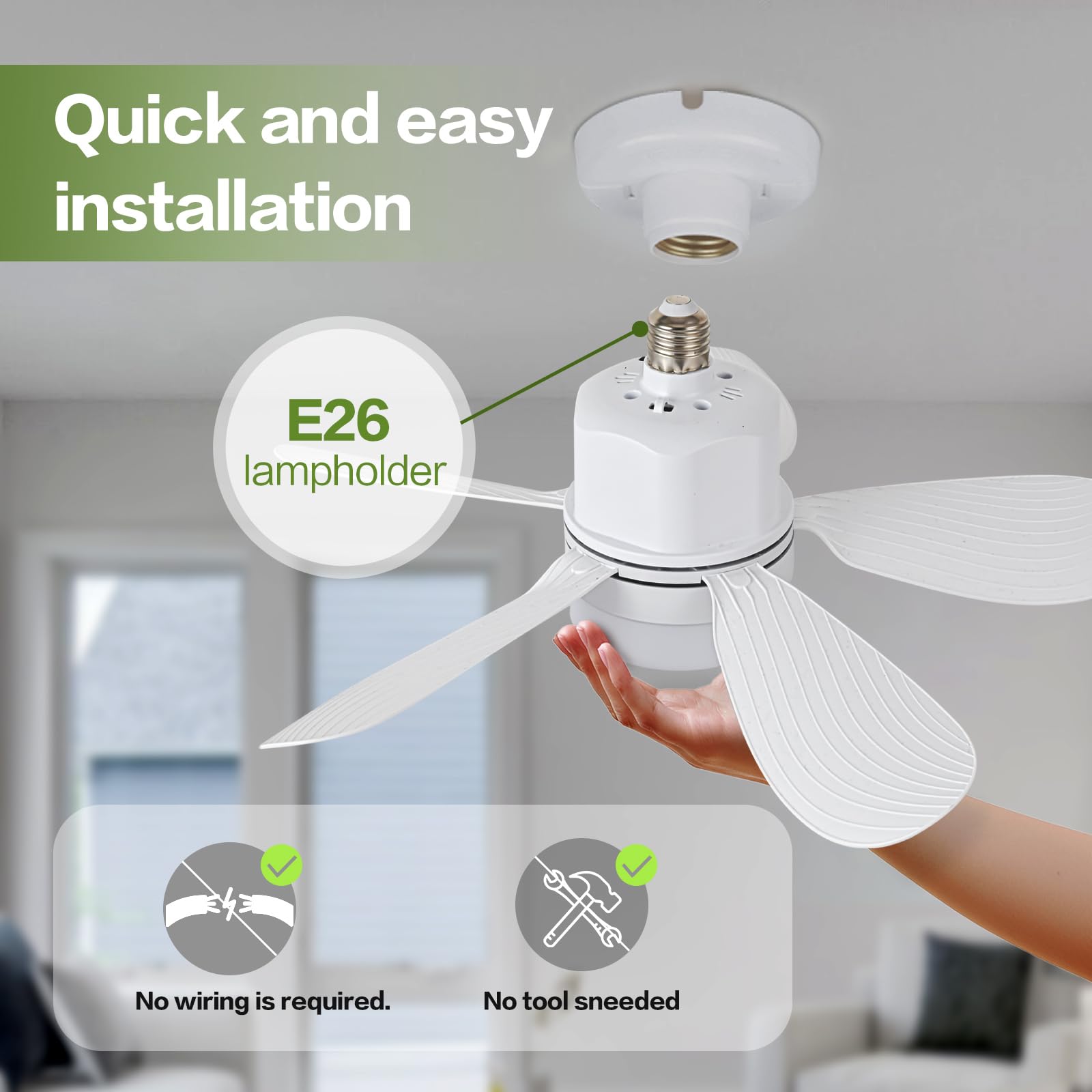 ASALL Socket Breeze Socket Fan Light with Remote Control, Portable Small Ceiling Fans with Lights for Bedroom, Kitchen, Living Room, with Dimming Function, 1000 Lumens, Screws into E26/E27