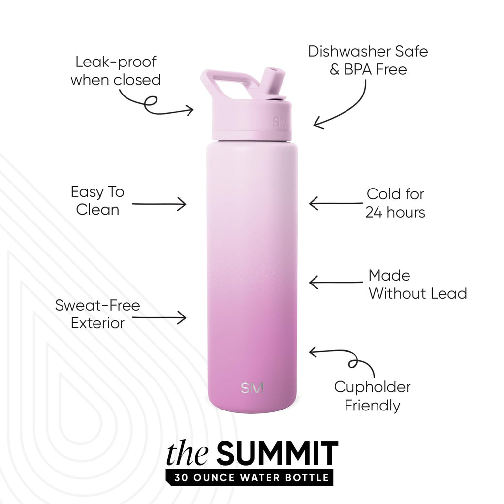 Simple Modern Water Bottle with Straw Lid | Vacuum Insulated Stainless Steel Metal | Reusable Leak Proof BPA-Free Flask for Sports Gym | Summit Collection | 30oz, Violet Dreams