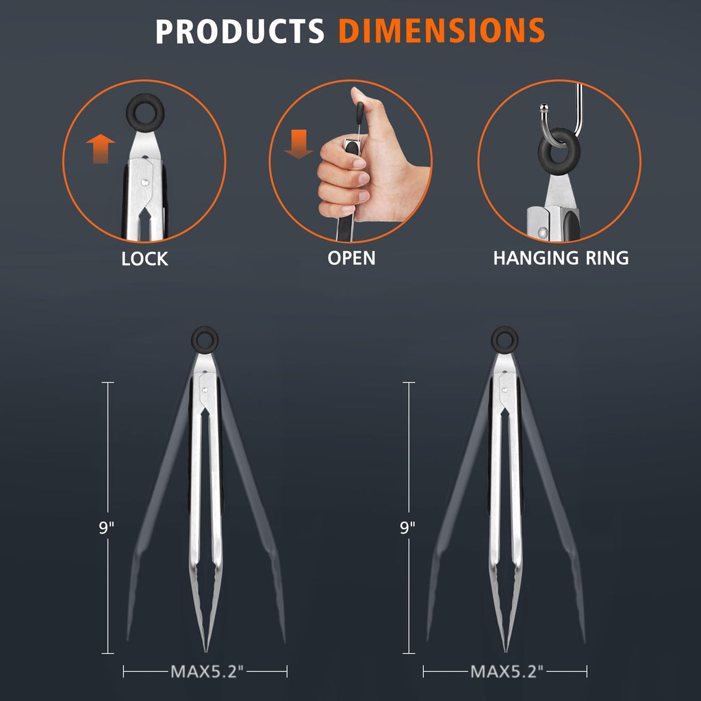 Hotec Stainless Steel Kitchen Tongs Set of 2-9" and 12", Locking Metal Food Tongs Non-Slip Grip