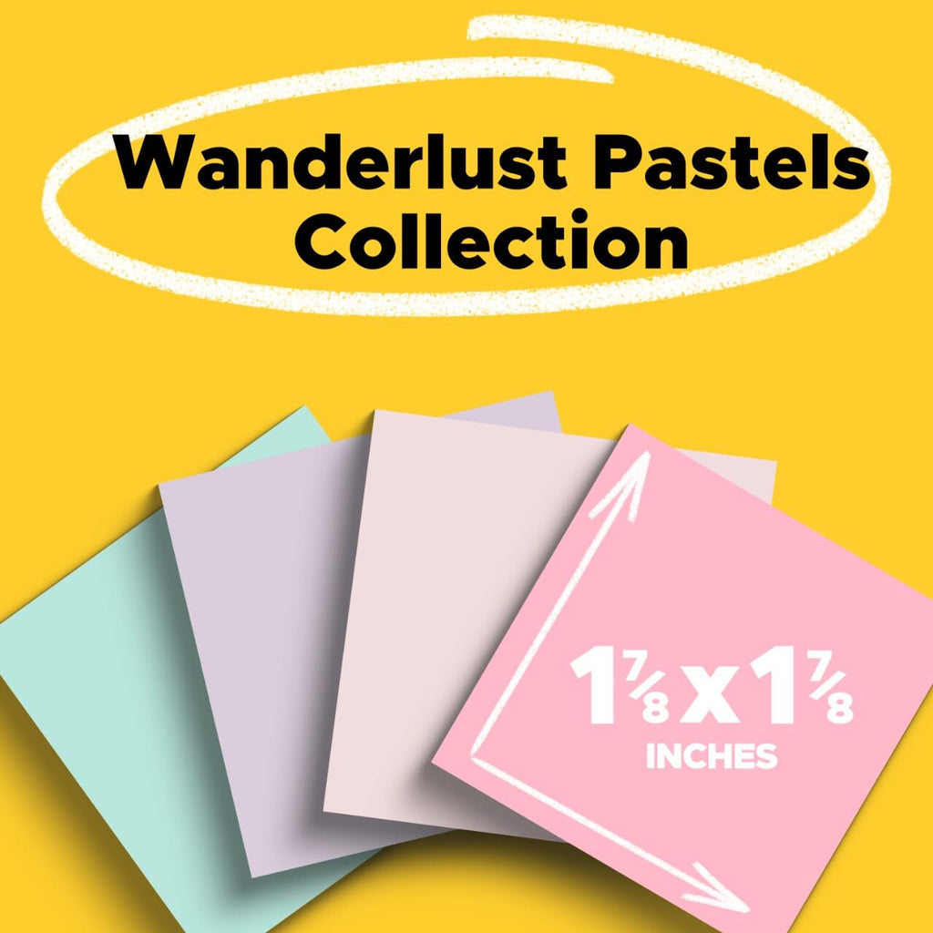 Post-it 100% Recycled Paper Super Sticky Notes, 18 Sticky Note Pads, 1 7/8 in. x 1 7/8 in., Wanderlust Pastels Collection, New Year Organization or Second Semester School Supplies