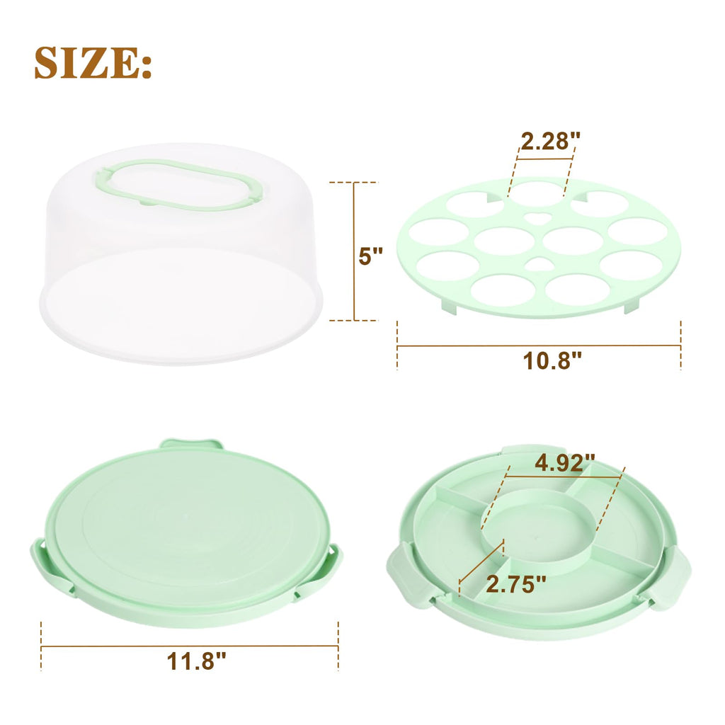 Cake Carrier with Lid and Handle, Cake Stand Cupcake Containers for 10 inch Cake with 2 Handles Cupcake Holder, 3 in 1 Transport Container Boxes for Cake Pie Muffin Pizza，Green Portable Cake Carriers