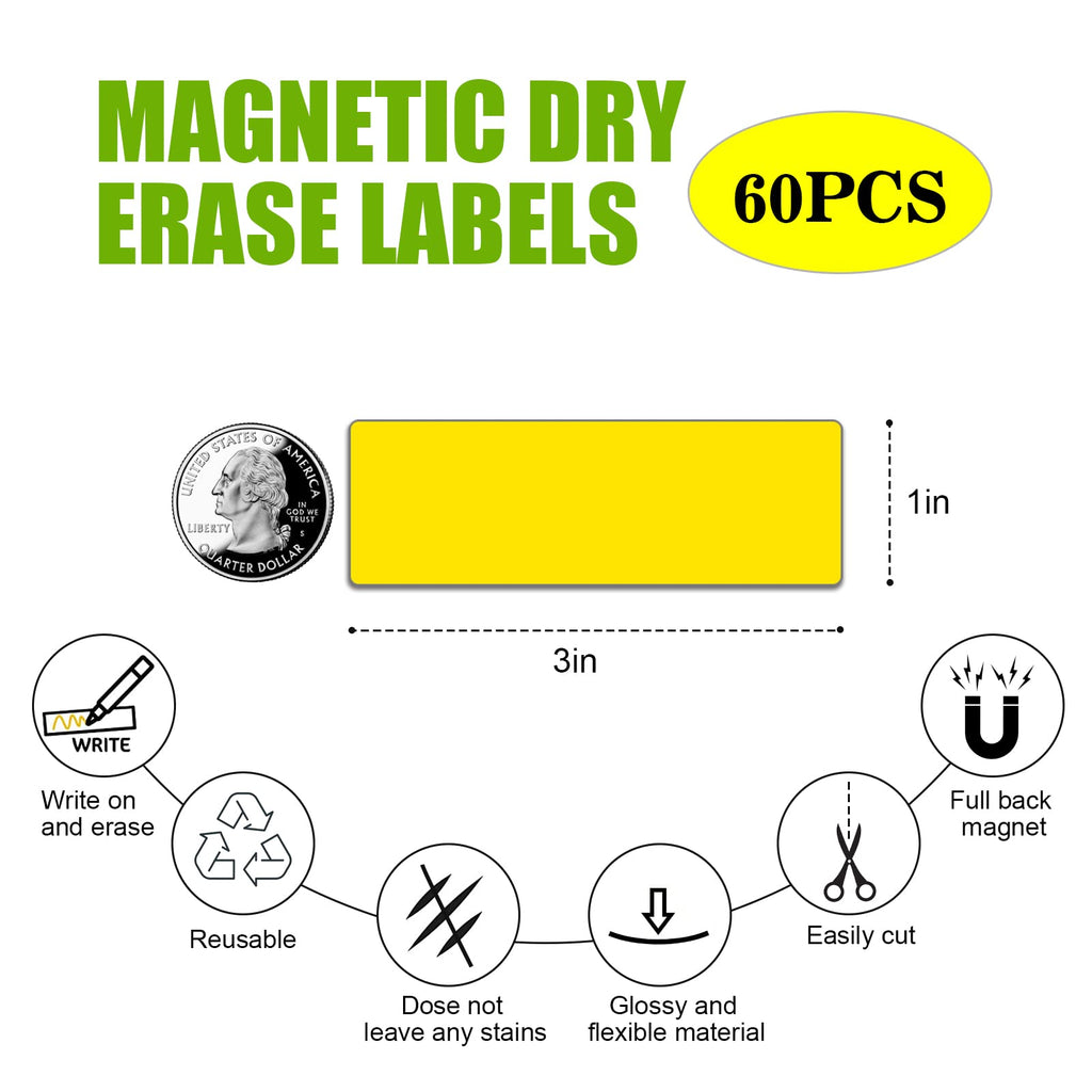 STTMGN Dry Erase Magnetic Labels (1x3",Pack of 60),Write On Magnets Sticker,Real Waterproof/Reusable for Classroom&Office&Cabinet&whiteboard&Fridge&More (Multicolor)