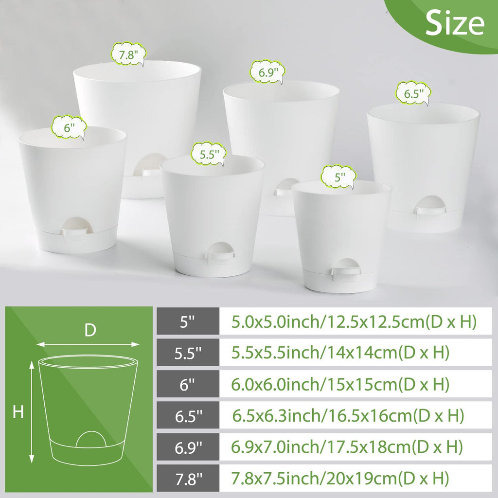 Self Watering Planters, 6 Pcs 8''+7"+6.5"+6"+5.5"+5" Plastic Flower Pots with Detachable Reservoir and Drainage Holes, Modern White Planter for Decorative Indoor Outdoor Plants (White)