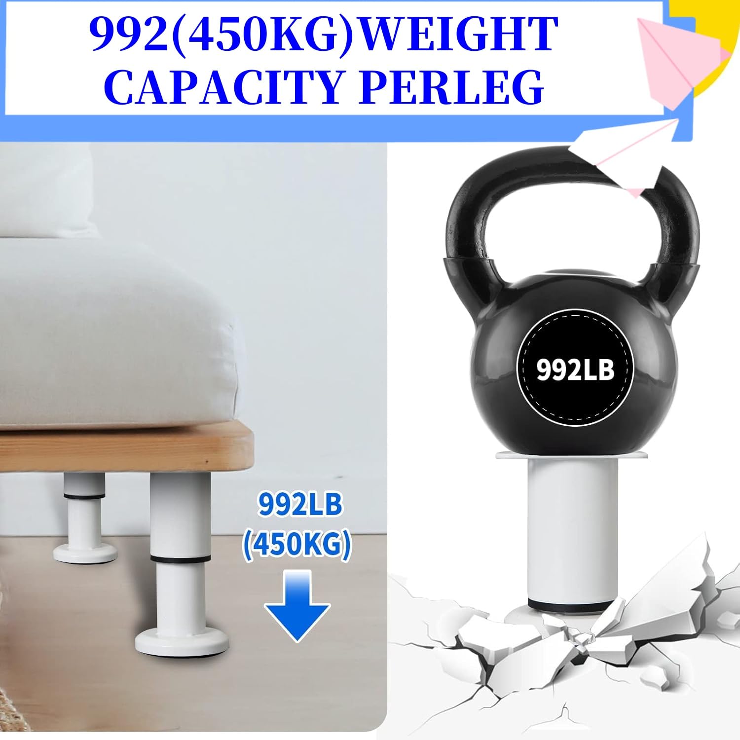 4Pack Adjustable Height Cabinet Support Legs Heavy Duty 3.1-4.7" -for Sofa/Cabinet/Nightstand Replacement Legs, Anti-Slip Base & Wobble-Free Design(White)