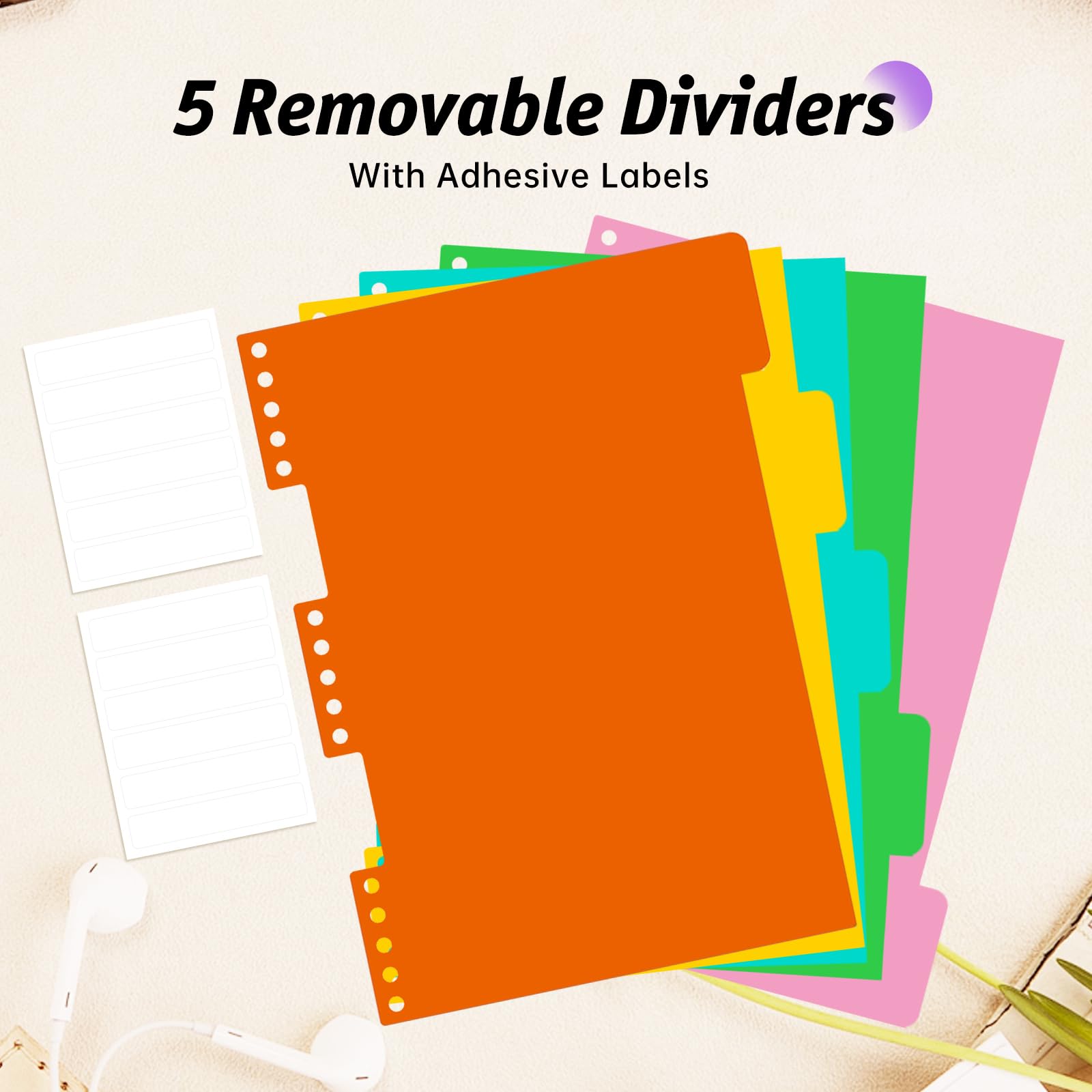 360 Pages A5 Spiral Notebook, 5 Subject Notebooks College Ruled, 100 GSM Thick Paper Lined Journal, Large Note Book with Removable Dividers for School, Office, Work and Writing (Purple)
