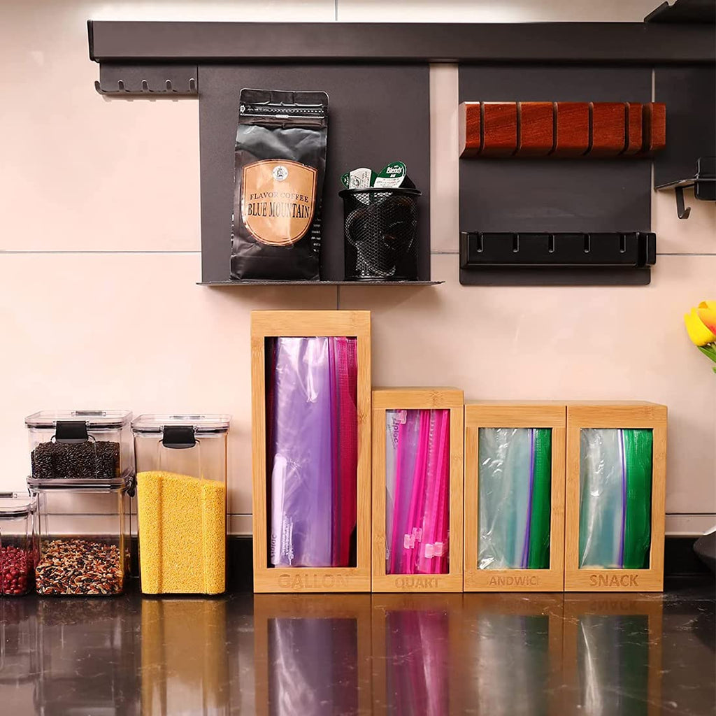 KLDFJ Zip-Lock Bag Storage Organizer, Kitchen Bamboo Zip-Lock Bag Organizer for Drawer Food Storage Bag Organizer, Compatible with Gallon, Quart, Sandwich and Snack B ZJM-01