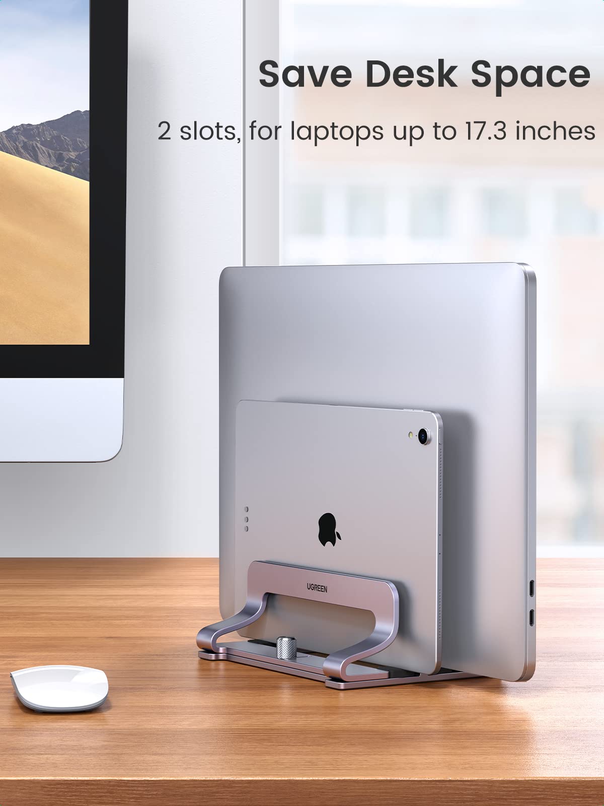 UGREEN Dual Slot Vertical Laptop Stand Holder Mount for Desk, Adjustable Aluminum Stand Compatible with MacBook Pro Air, Ideapad, Surface Book, Chromebook Up to 17.3 Inch